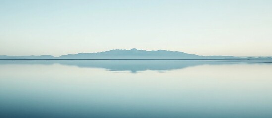 Calm lake reflecting misty mountains at dawn; serene nature backdrop