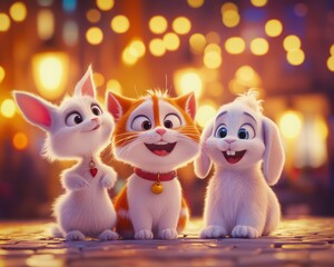 Obraz premium Happy pets, city night, bokeh lights, friendship, festive card