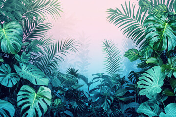 Vibrant tropical foliage featuring monstera and palms in rich greens with a captivating gradient background