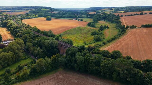 Aerial parallax, Eynsford Village buildings, Viaduct landmark, Darent, Kent