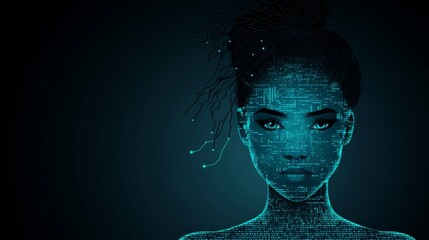 Female Head Silhouette with Motherboard and Binary Code Pattern on Dark Blue Background, Vector Art