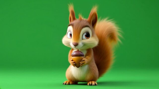 Cute 3D squirrel holding acorn, green screen background, cartoon, mascot