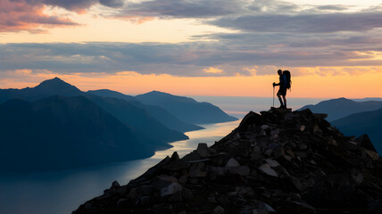 Person standing atop a mountain peak at sunset, overlooking serene water below