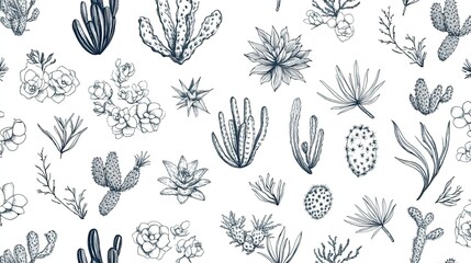 Minimalist seamless pattern with assorted cacti and succulents outlined in black on a white background.
