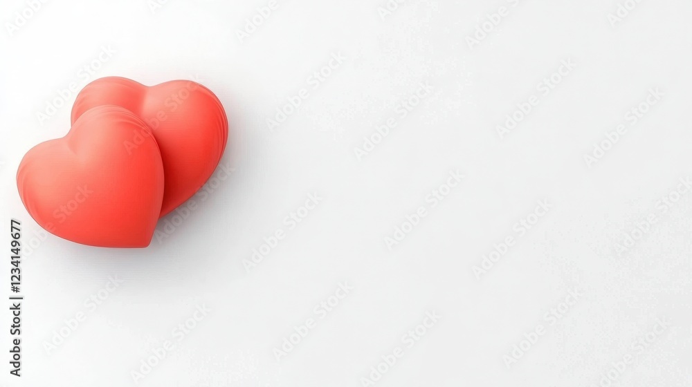 Poster two red hearts placed on a clean white surface creating a romantic and simple composition