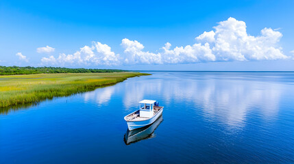 Calm coastal boat, serene sky, marshland background, travel postcard