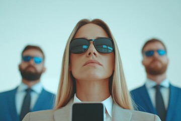 Confident businesswoman with sunglasses and mobile phone, surrounded by two suited men, exuding power and determination in a modern office environment