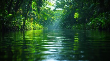 Obraz premium Serene Jungle River: A Tranquil Escape into Lush Greenery
