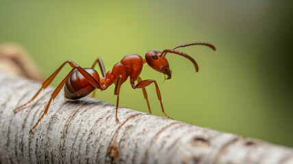 Fototapeta premium Red ant on a textured surface, detailed with green background blur