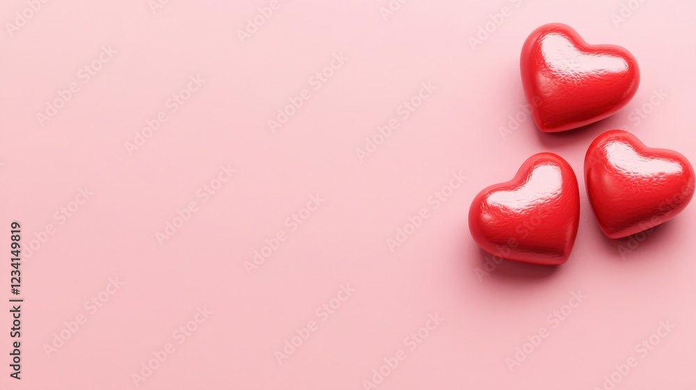 Poster three red hearts arranged on a soft pink background creating a simple romantic design