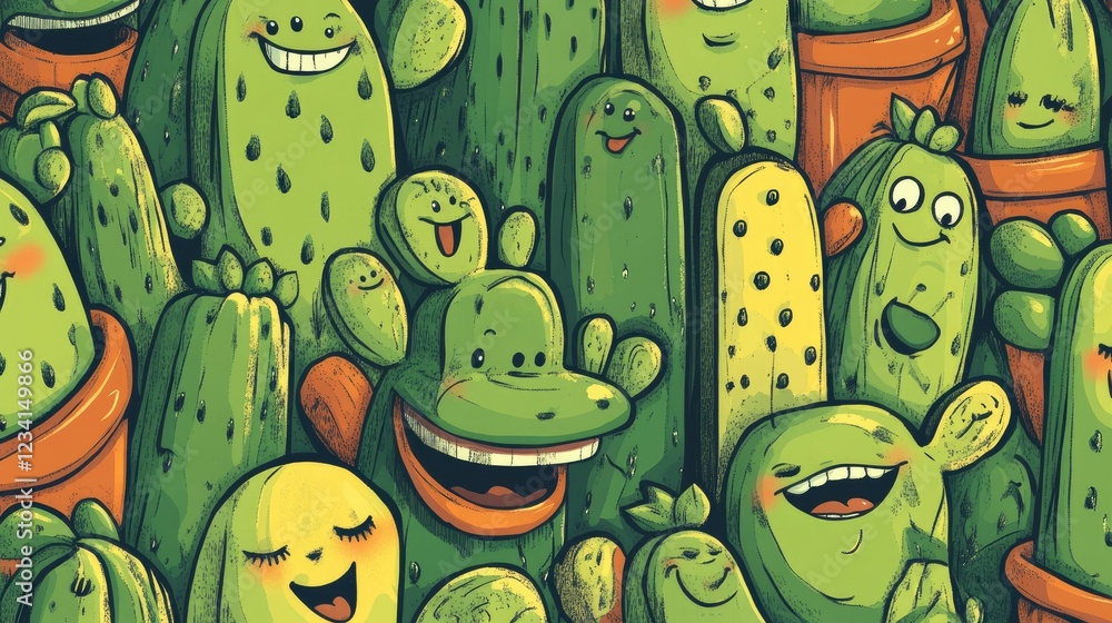 Poster playful cartoon cactus pattern featuring different types of cacti with cute smiling faces.