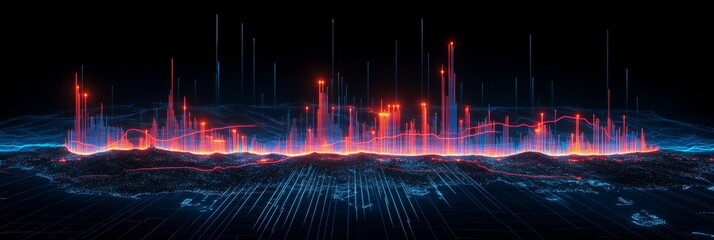 Abstract Glowing Data Visualization with Blue and Orange Chart Lines Flow Over a Digital Map