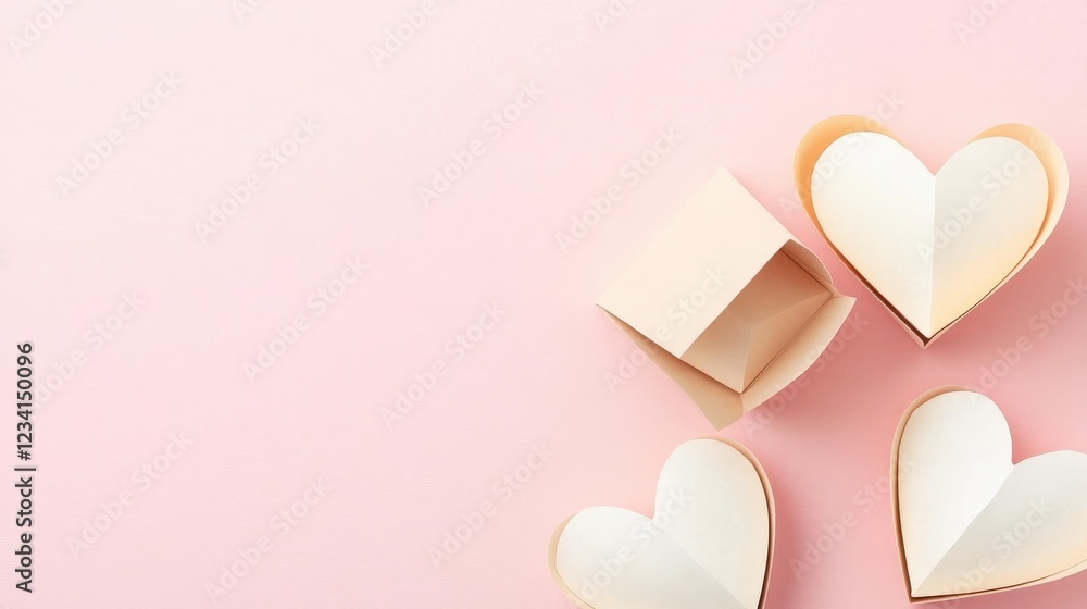 Poster three white paper hearts arranged on a soft pink background creating a romantic and delicate composi