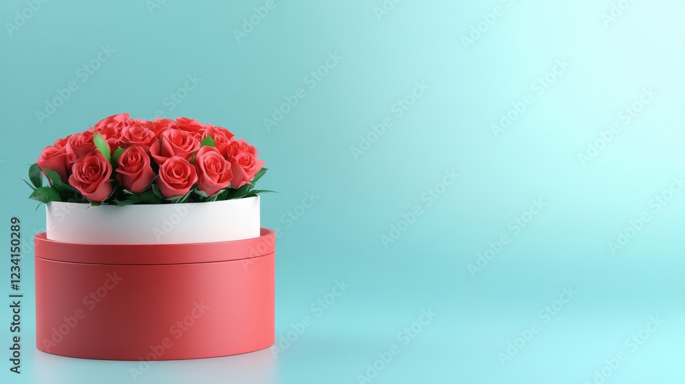 Poster red rose placed inside a white box on a blue background with soft lighting and minimalistic design