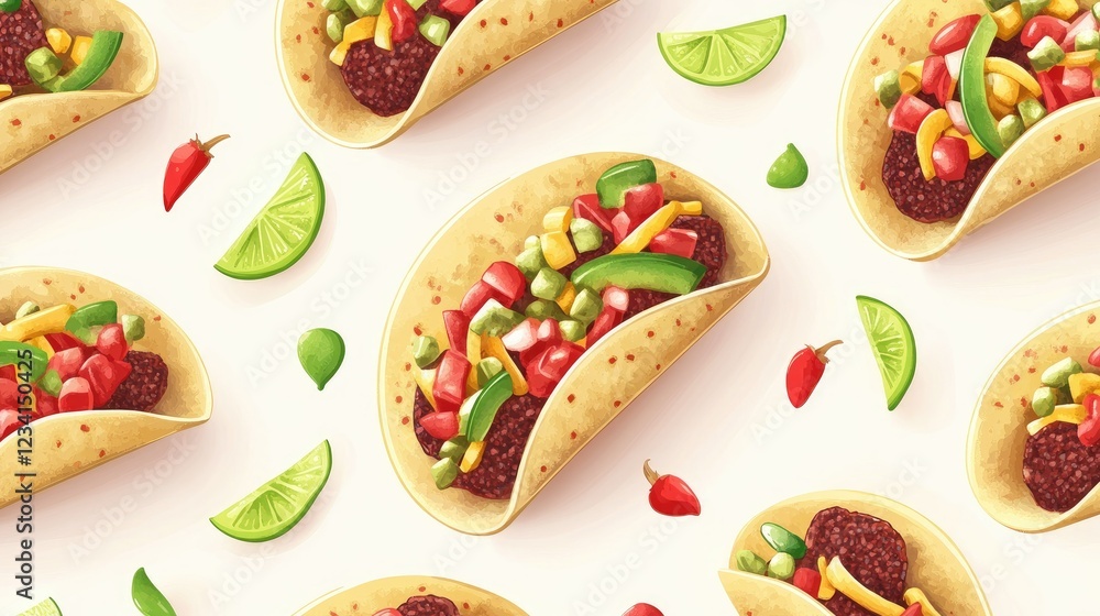 Poster Seamless illustrations of hard shell and soft shell tacos with various toppings.