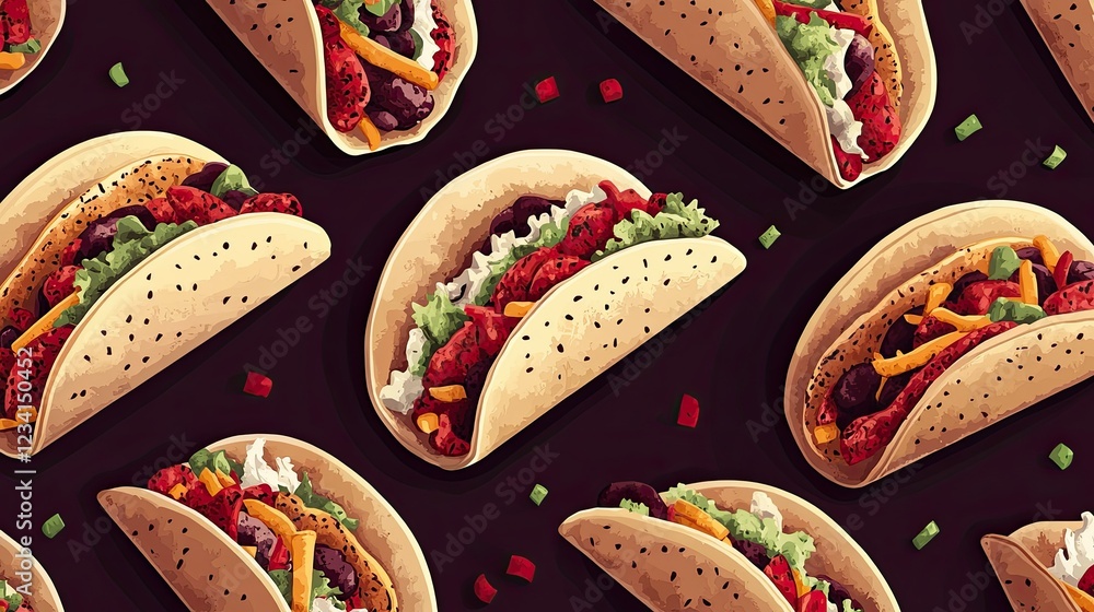 Poster seamless illustrations of hard shell and soft shell tacos with various toppings.