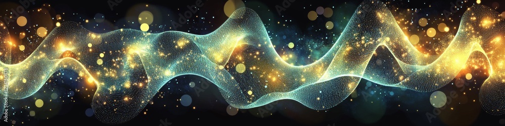 Poster abstract flowing light ribbon on dark background with intricate particles, vector illustration
