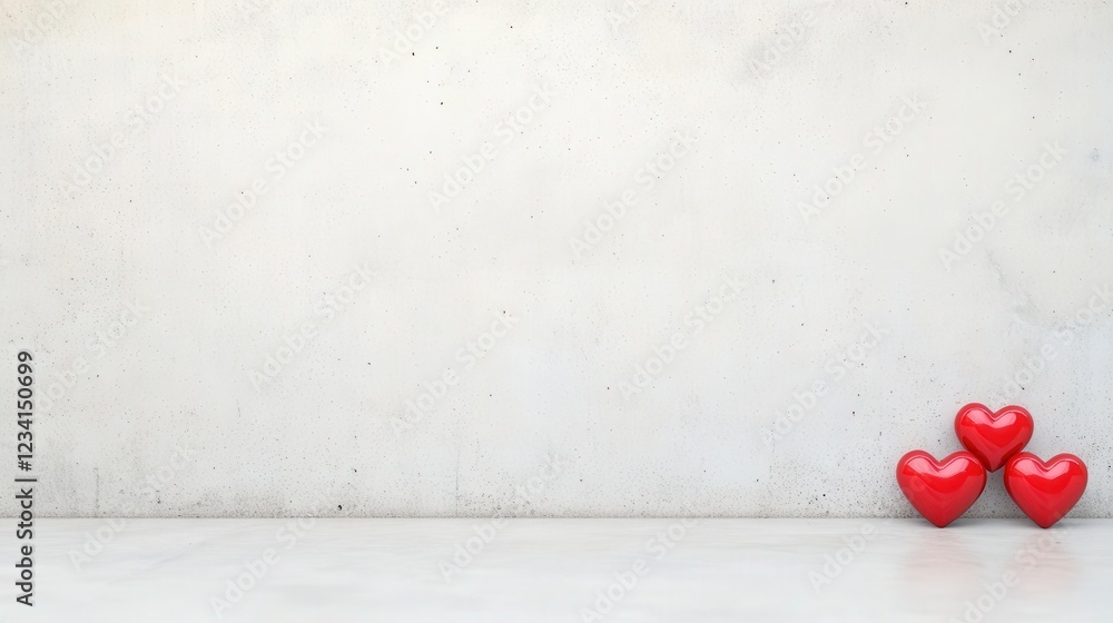 Poster two red hearts placed on a smooth white surface creating a romantic atmosphere and visual contrast