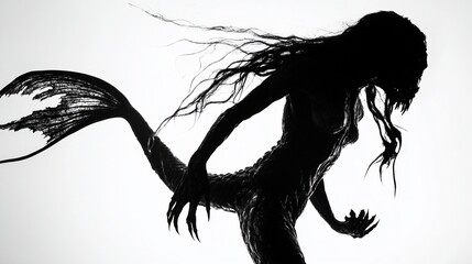 Silhouette of monstrous mermaid, ocean background, fantasy art, book cover