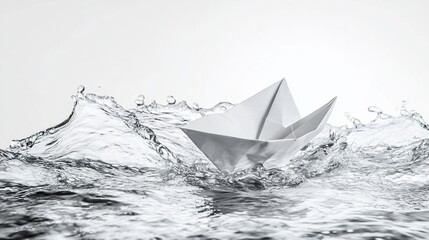 Origami boat sailing on water splash, studio shot