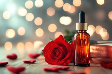 Bottles for skin care in the bedroom with red valentine decor hearts and flower rose.