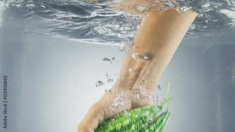 Poster man hand dropping bitter melon into clear water in slow motion against gray background
