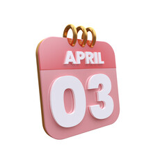 3D Calendar with 03 date number,April 3D Illustration