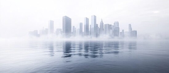 Fototapeta premium Foggy city skyline reflected in calm water, background sky