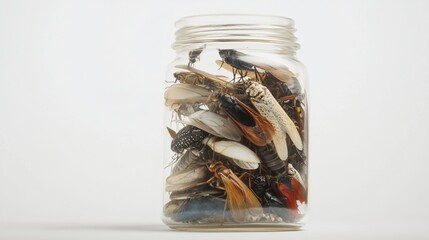 Insects in Glass Jar, White Background, Studio Shot, Entomology Collection