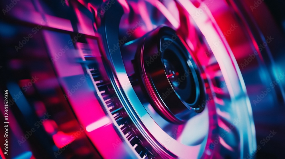 Poster abstract metallic structure with red and blue illumination and a circular lens