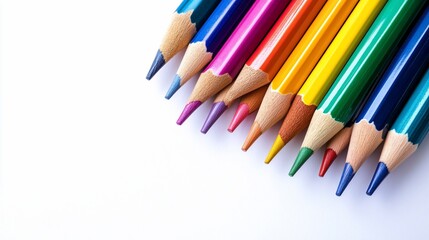 Fototapeta premium Colorful pencils arranged on white background, ready for art, education, design