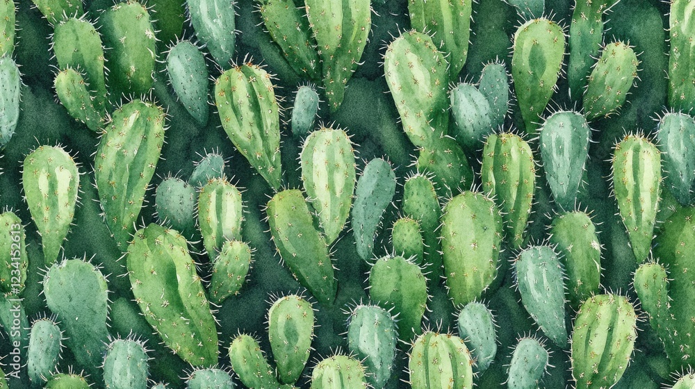 Poster watercolor-style cactus doodles arranged in a seamless repeating pattern.