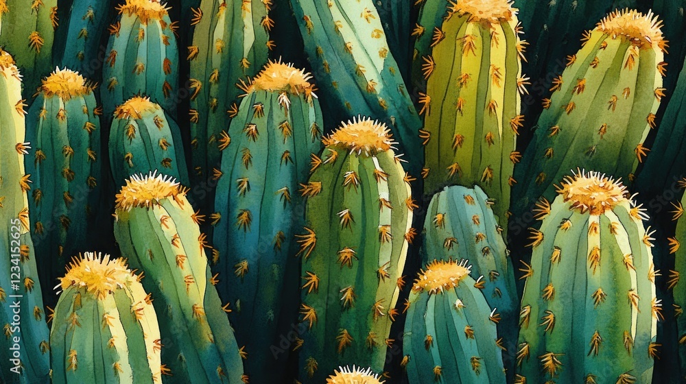 Poster watercolor-style cactus doodles arranged in a seamless repeating pattern.