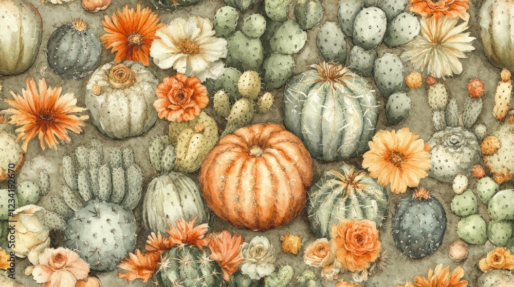 Poster watercolor-style cactus doodles arranged in a seamless repeating pattern.