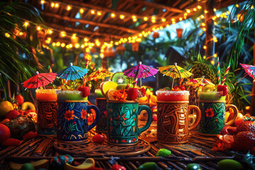Obraz premium Vibrant tiki bar with colorful cocktails and lush decor creates a festive atmosphere at sunset