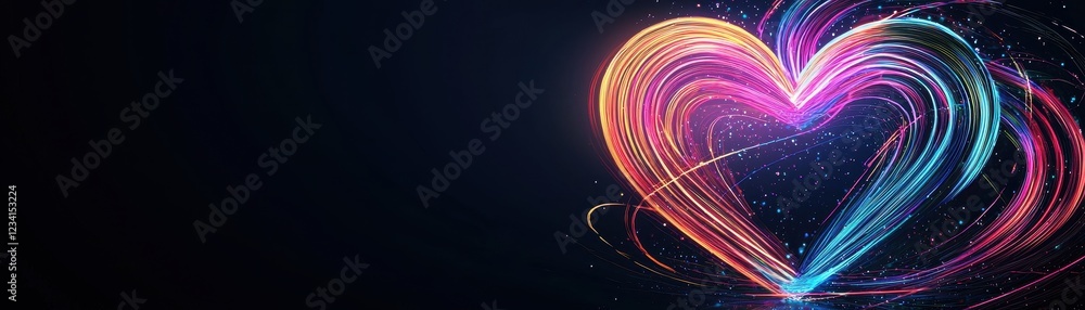 Poster shimmering neon heart light in various colors with flowing lines and sparks on a dark background