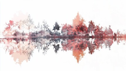 Autumnal trees reflected in tranquil water, scenic landscape, artistic illustration, ideal for print