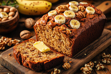 Rustic banana bread sliced with butter and nuts on a wooden cutting board in warm natural light