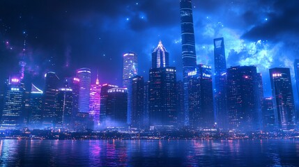 Obraz premium Nighttime urban cityscape with neon lights reflecting on the water below creating a vibrant scene