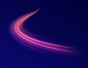 Big data traffic visualization, dynamic high speed, png, effect. Vector glowing lines air flow effect. Light trail wave, fire path trace line, car lights, optic fiber and incandescence curve twirl. 