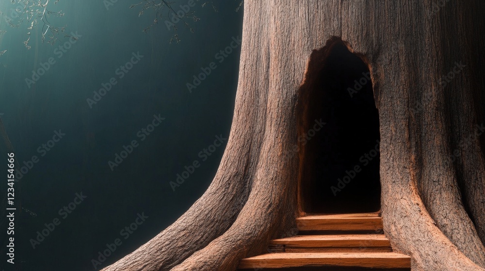 Poster tree with natural tunnel formed through its trunk and branches in a woodland setting