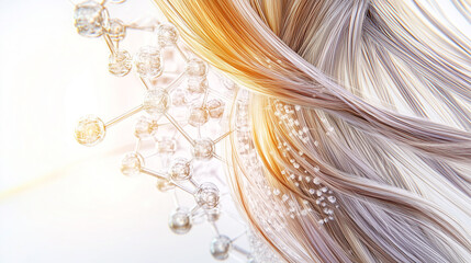 A close-up view of flowing hair with a molecular structure, symbolizing beauty and scientific innovation