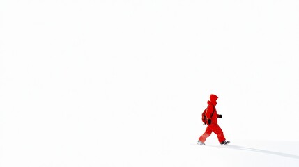 Red-suited hiker walks snowy expanse, blizzard background, adventure tourism