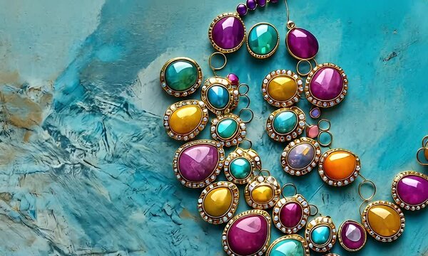 Colorful gemstone jewelry on textured blue background;  e-commerce, fashion