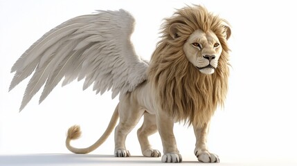 Fototapeta premium Winged lion, fantasy creature, white background, digital art, mythical design