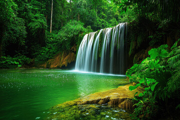 Obraz premium Lush green waterfall cascading into a crystal-clear pool amidst vibrant tropical flora in a dense rainforest