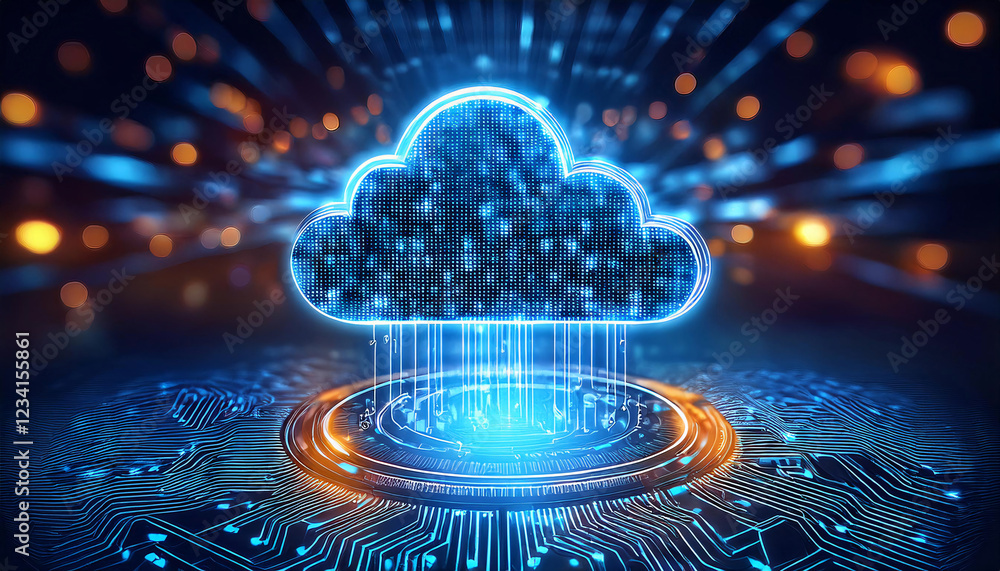 Poster a glowing blue cloud with data streams flowing from it, set against a backdrop of circuit boards and