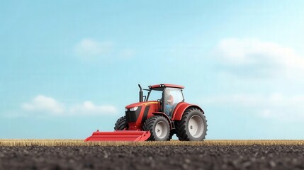 Fototapeta premium Red tractor parked in a green field under a clear blue sky during a sunny day