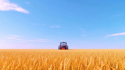 Fototapeta premium Tractor working in a golden wheat field under a blue sky during the harvest season