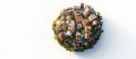 Spherical city aerial view, white background, urban development